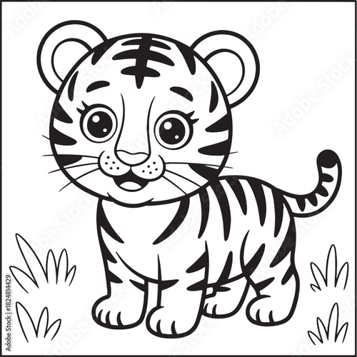 Adorable Tiger Cub Illustration: A charming, outlined illustration of a playful tiger cub stands amidst simple grass, exuding innocence and curiosity. Perfect for coloring, design.