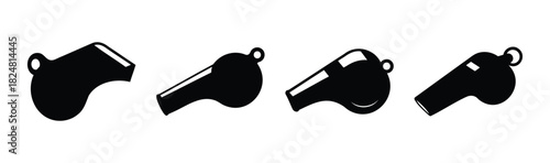 Four black whistle icons for sports, referees, and warning sounds