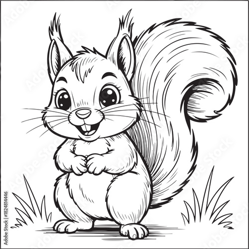 Smiling Squirrel Portrait: A delightful illustration of a charming squirrel. with a fluffy tail, radiating joy and cuteness. This adorable animal is the perfect illustration for children