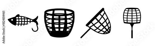 Fishing and insect catching equipment silhouettes set icon