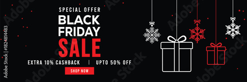 Festive Black Friday sale banner featuring hanging snowflake ornaments and Christmas baubles, bold red and white text, special offer, cashback and discount, elegant holiday design for promotions.