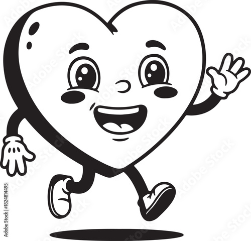 Lively anthropomorphic heart character black and white cartoon illustration