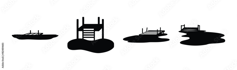 Obraz premium Monochrome silhouette of boat, floating dock, and wooden piers