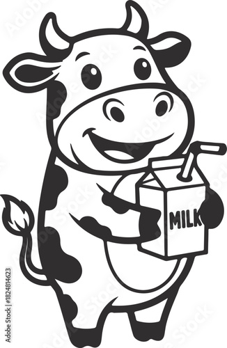 Charming cartoon illustration of a happy black and white cow character in a simple clean style
