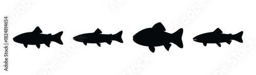 Four fish silhouettes swimming in a row on a white background
