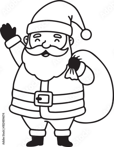Cheerful santa claus waving in a simple black and white line drawing illustration