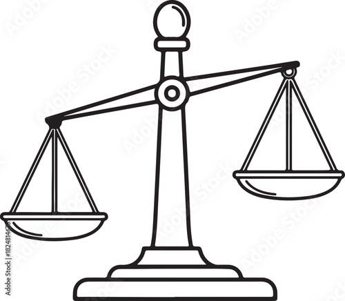 Simple black and white line art illustration of a classic balance scale representing justice and equilibrium