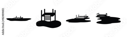 Monochrome silhouette of boat, floating dock, and wooden piers