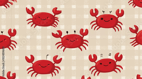 Cute Cartoon Red Crabs Seamless Pattern on a Gingham Background