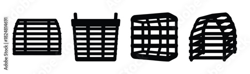 Assorted black silhouette basket and crate icons collection