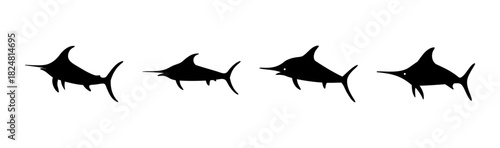 Four black swordfish or marlin silhouettes, swimming in a line