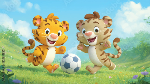 Cute Cartoon Tiger Cubs Playing Soccer in a Sunny Meadow