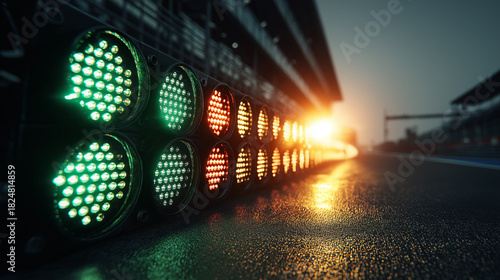 Race starting lights with green and amber glowing on wet asphalt track during sunset