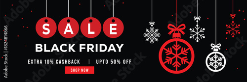 Festive Black Friday sale banner featuring hanging snowflake ornaments and Christmas baubles, bold red and white text, special offer, cashback and discount, elegant holiday design for promotions.