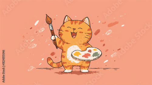 Cute ginger cat artist holding paintbrush and color palette illustration art
