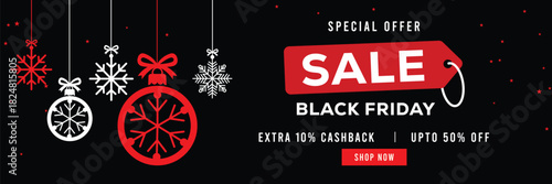 Festive Black Friday sale banner featuring hanging snowflake ornaments and Christmas baubles, bold red and white text, special offer, cashback and discount, elegant holiday design for promotions.