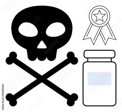 Skull and crossbones beside medicine bottle and badge, symbolizing danger, toxicity, standards, safety, regulations, quality assurance and risk. Ideal for health safety and ethics concepts. Simple