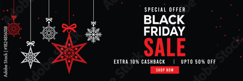 Festive Black Friday sale banner featuring hanging snowflake ornaments and Christmas baubles, bold red and white text, special offer, cashback and discount, elegant holiday design for promotions.