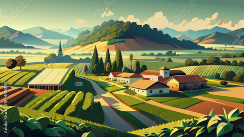 Very beautiful aerial view of a traditional American tobacco plantation, showcasing orderly rows of lush green tobacco plants, rustic farm buildings, and a peaceful countryside setting under soft natu