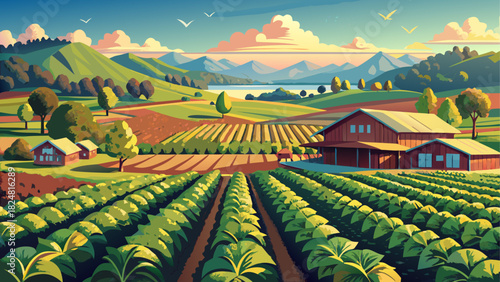 Very beautiful aerial view of a traditional American tobacco plantation, showcasing orderly rows of lush green tobacco plants, rustic farm buildings, and a peaceful countryside setting under soft natu