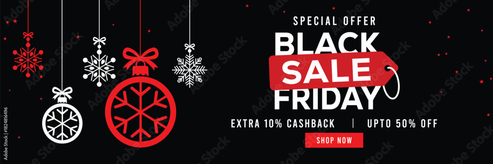 Obraz premium Festive Black Friday sale banner featuring hanging snowflake ornaments and Christmas baubles, bold red and white text, special offer, cashback and discount, elegant holiday design for promotions.