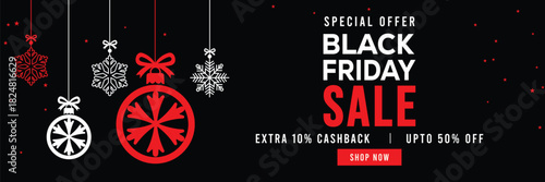 Festive Black Friday sale banner featuring hanging snowflake ornaments and Christmas baubles, bold red and white text, special offer, cashback and discount, elegant holiday design for promotions.