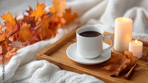 Fototapeta Naklejka Na Ścianę i Meble -  Pumpkin spice coffee on a wooden tray with candles and cinnamon, creating a warm autumn atmosphere