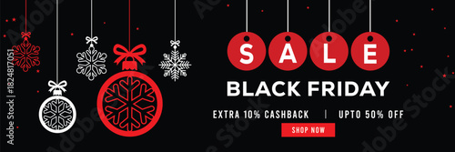 Festive Black Friday sale banner featuring hanging snowflake ornaments and Christmas baubles, bold red and white text, special offer, cashback and discount, elegant holiday design for promotions.