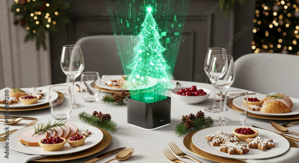 Fototapeta premium Futuristic hologram christmas tree centerpiece on elegant holiday dinner table with festive food