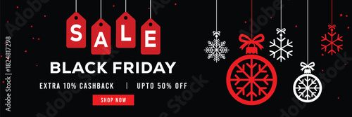 Festive Black Friday sale banner featuring hanging snowflake ornaments and Christmas baubles, bold red and white text, special offer, cashback and discount, elegant holiday design for promotions.