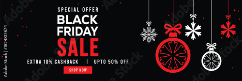 Festive Black Friday sale banner featuring hanging snowflake ornaments and Christmas baubles, bold red and white text, special offer, cashback and discount, elegant holiday design for promotions.