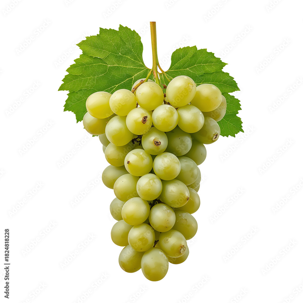 Fototapeta premium Bunch of Ripe Green Grapes Hanging on a Vine With Fresh Green Leaves