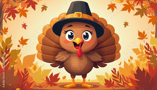 Cartoon turkey with pilgrim hat and autumn leaves