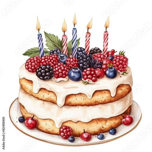 Delicious Layered Cake Topped With Fresh Berries and Candles for a Special Ce...
