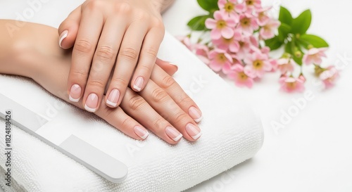 Womans hands with a french manicure on a white towel isolated on white background