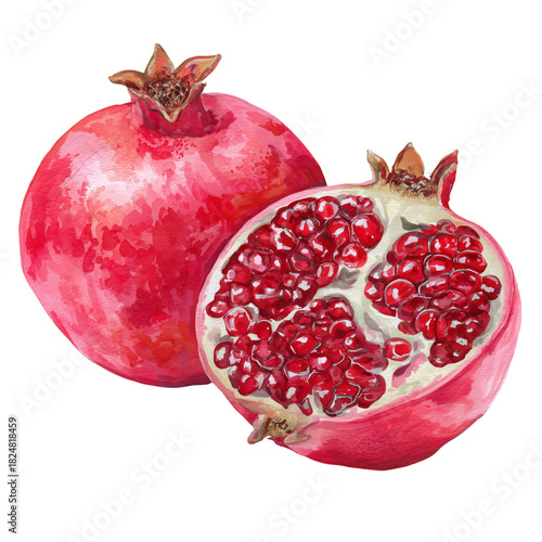Bright Red Pomegranates Showing Their Juicy Seeds on a White Background