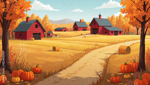 Farm Landscape with Red Barns and Pumpkins in Autumn