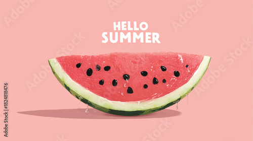 Fresh Watermelon Slice Illustration Hello Summer Vibes and Pink Background