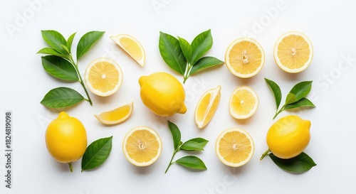 Overhead shot of fresh lemons and leaves isolated on white background