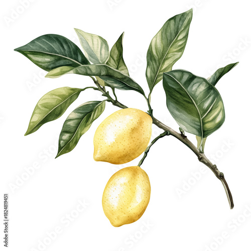 Fresh Lemon Branch With Leaves Set Against a Clean White Background
