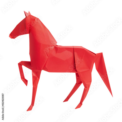 Bright Red Origami Horse Standing in a Majestic Pose With Detailed Folding