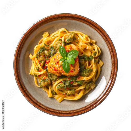 Delicious Pasta With Chicken, Cherry Tomatoes, and Fresh Basil Served in a Wh...