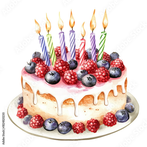 Delicious Layered Cake Topped With Fresh Berries and Candles for a Special Ce...