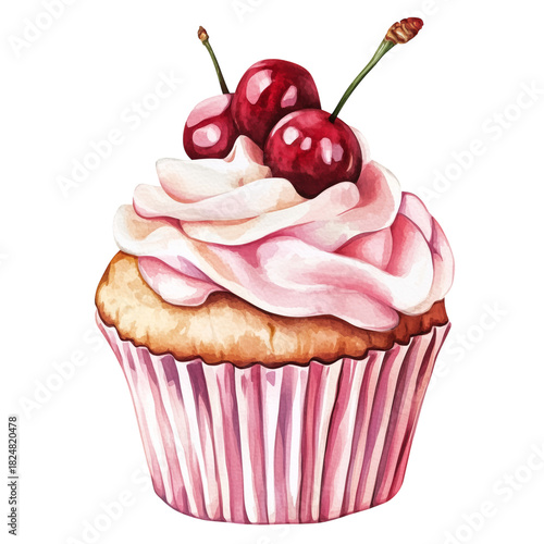 Delicious Cupcake Topped With Cherries and Pink Frosting on a White Background