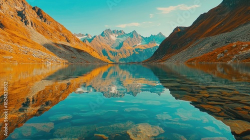 Serene alpine lake reflecting autumnal mountain peaks.