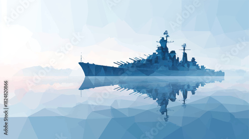 Low Poly Battleship Illustration Floating on Water Reflections Against Light Sky