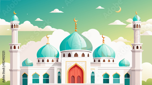 Illustration of a mosque with minarets and domes against a cloudy sky at daytime with crescent moon