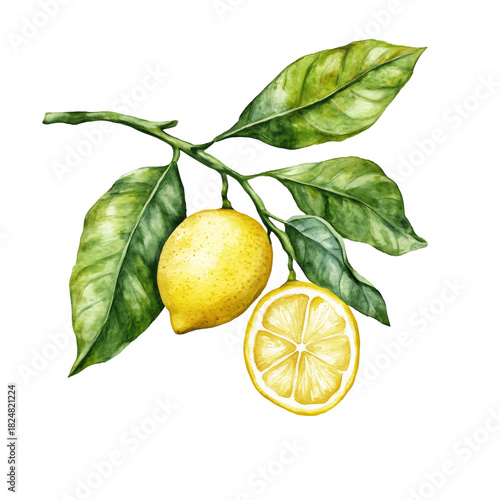 Fresh Lemon Branch With Leaves Set Against a Clean White Background