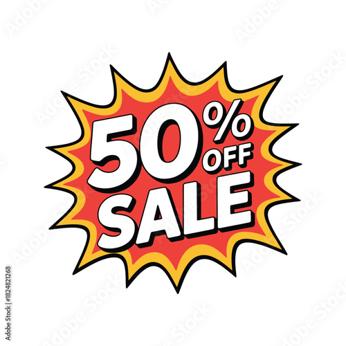 50% OFF Discount Badge. Sale Promotion Label, Special Offer Sticker, Price Reduction Tag, and Retail Marketing Vector Illustration