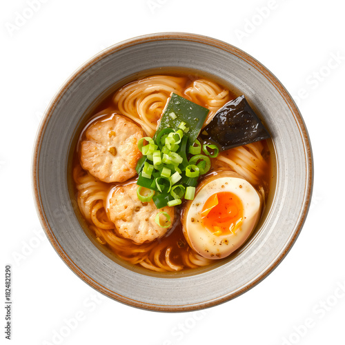 Warm Bowl of Noodle Soup With Egg, Fish Cakes, Seaweed, and Green Onions in a...